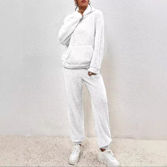 New European and American casual women's clothing, solid color plush hooded long-sleeved trousers suit women