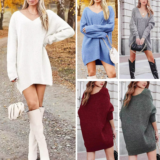 Loose V-neck medium and long sweater knitted dress