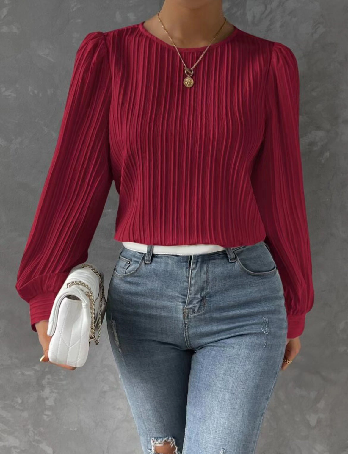 Spring and Autumn top round neck lantern sleeve long sleeve solid color loose blouse