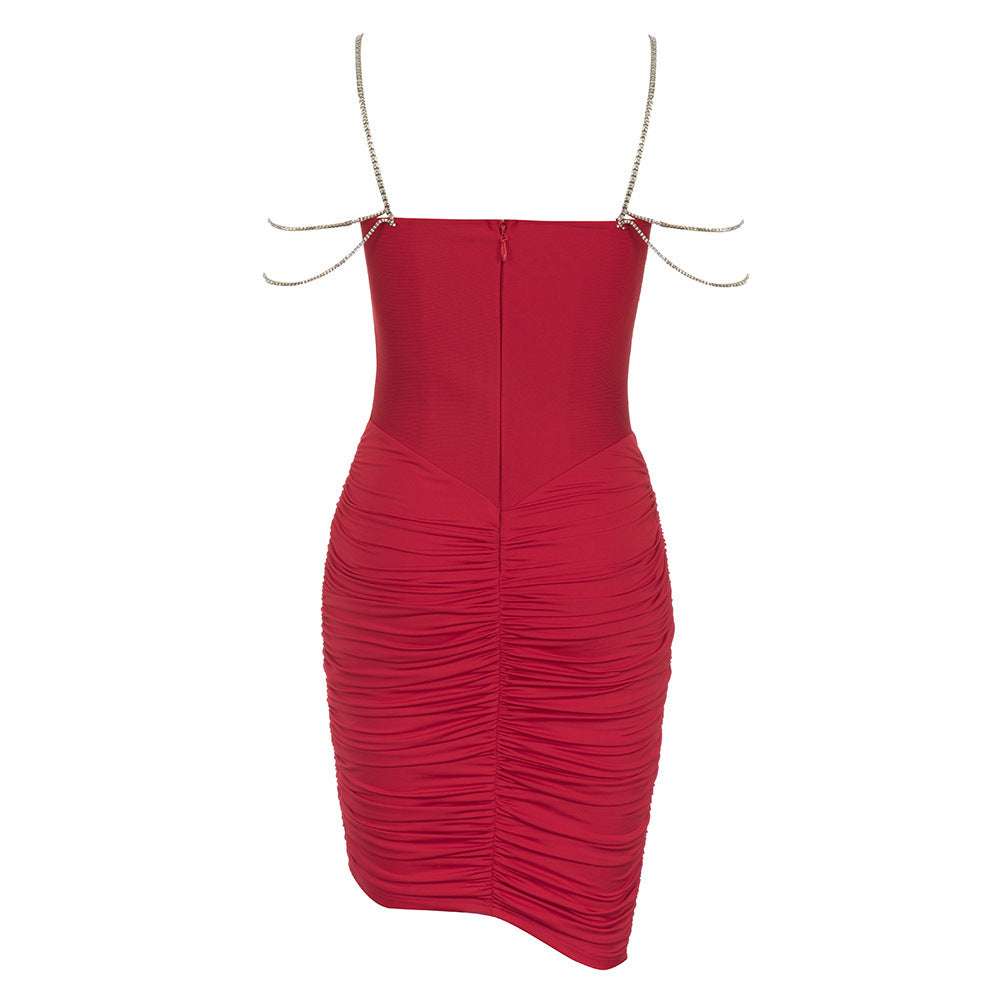 Red Sexy Pleated Bodycon Bandage Dress Diamond Shoulder Strap