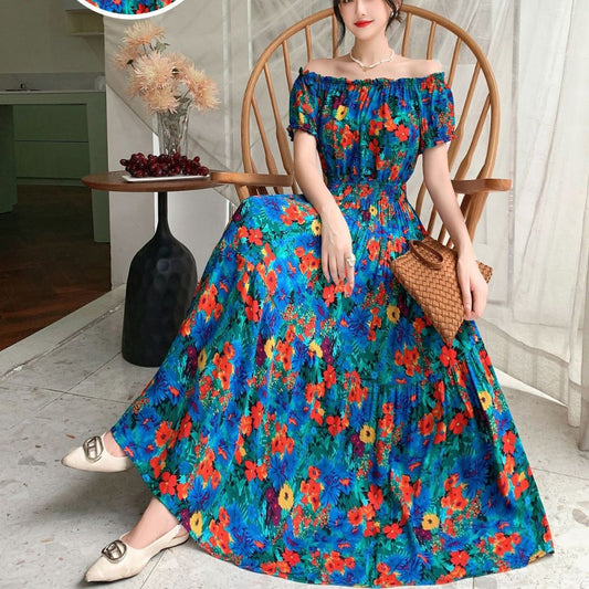 Cotton and silk floral ethnic style elastic waist beach skirt bohemian long dress