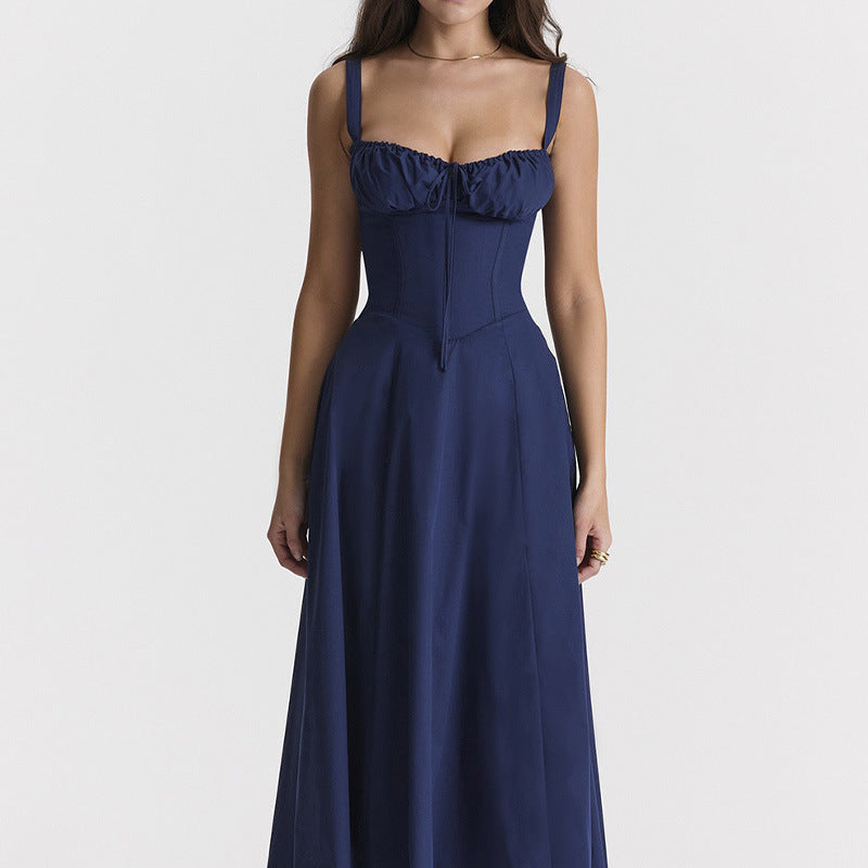 2025 spring printed French floral backless slim-fitting suspender split-ended dress