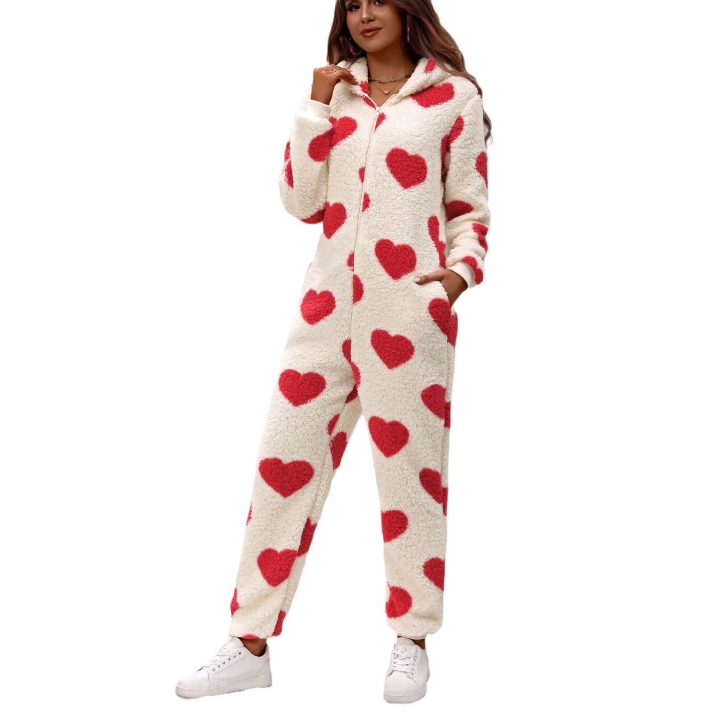 Women's autumn and winter New plush loving heart printed Christmas hooded jumpsuit