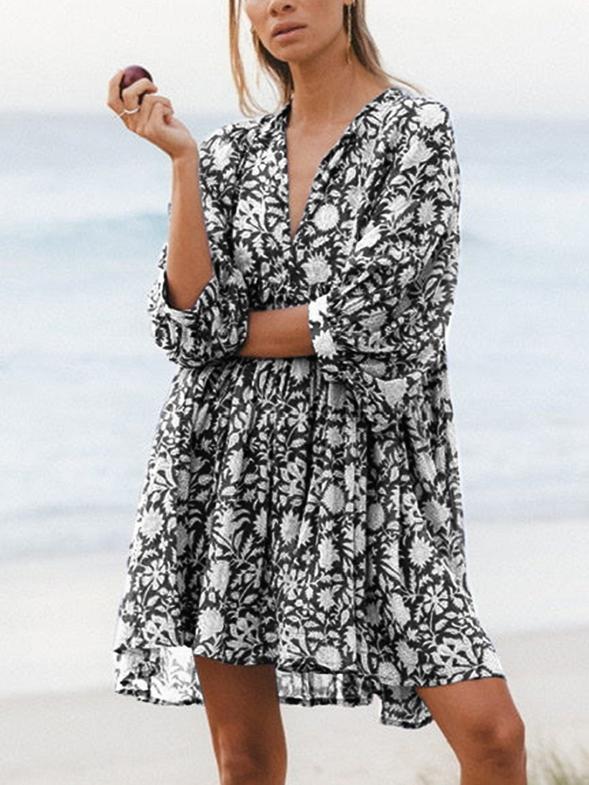 🔥HOT SALE V Neck Summer Half Sleeve Floral Tunic Short Dress
