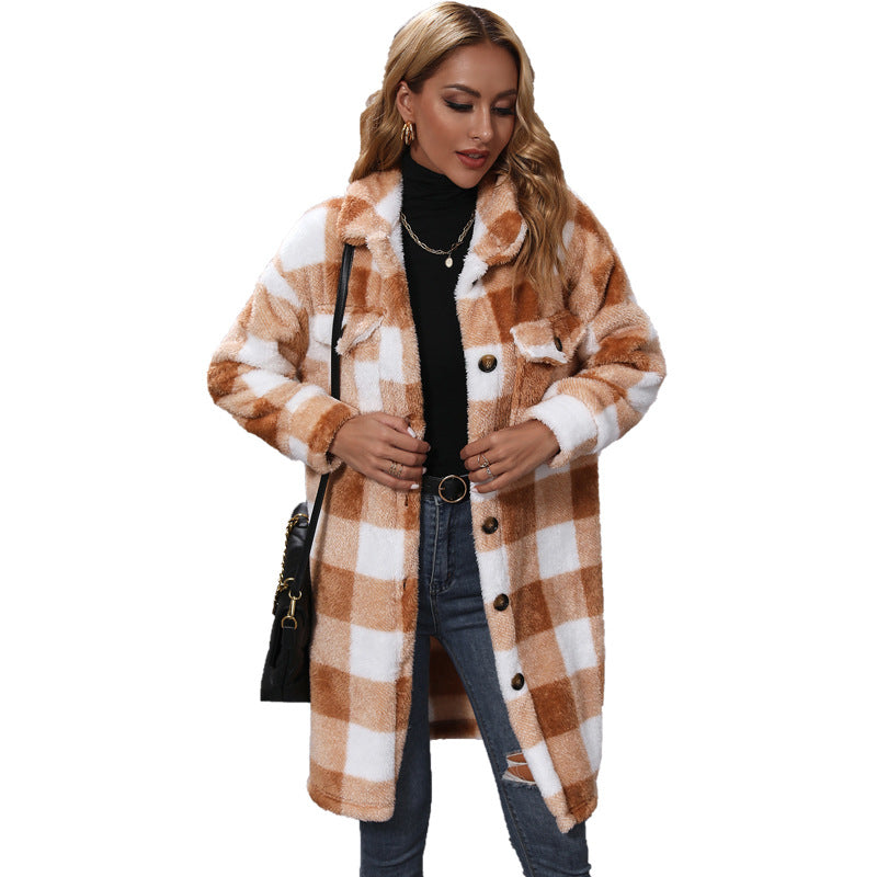 Autumn winter women's wear lapel long sleeve loose plaid single-breasted long plush casual coat