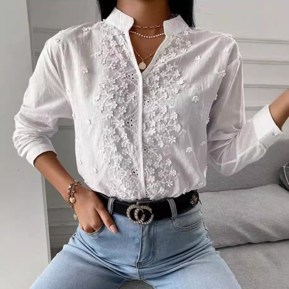 Autumn and winter women's clothing new cotton and linen V-neck embroidery hollow top long sleeve shirt