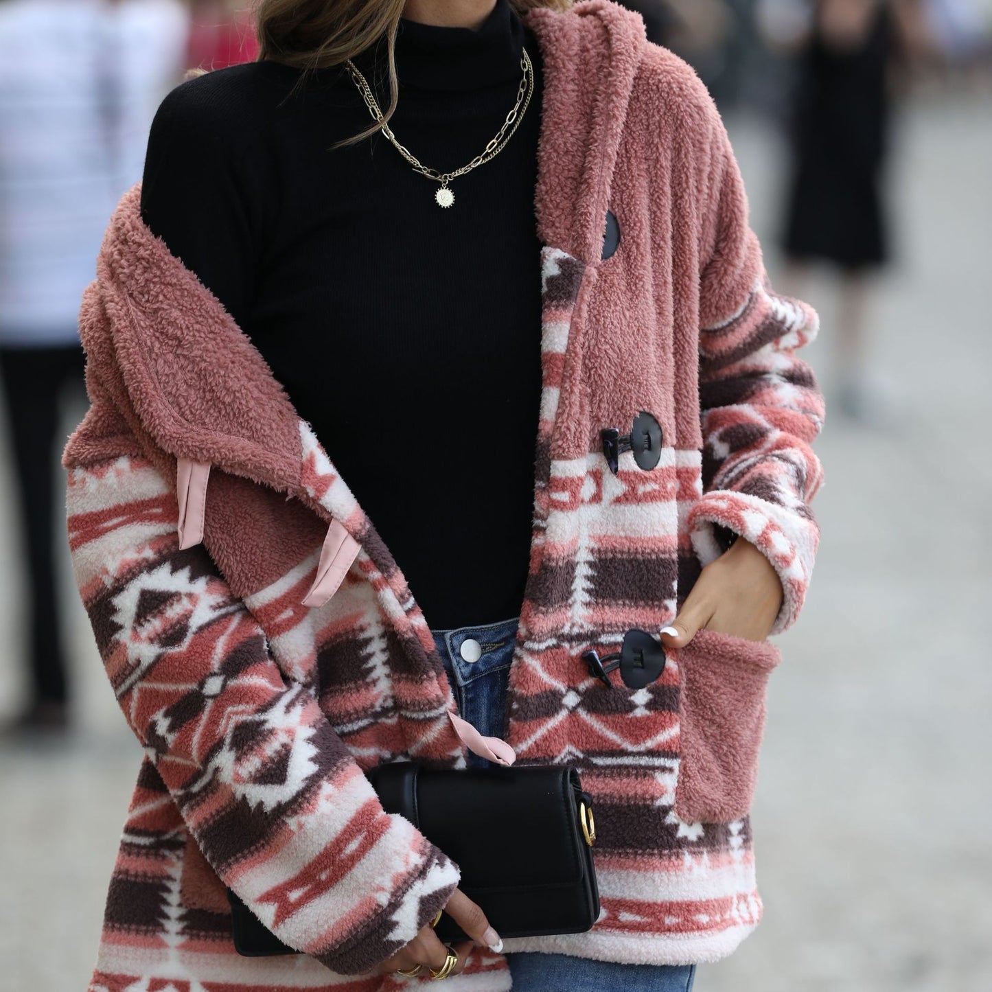 Casual women's hooded long-sleeved geometric horn button mid-length double-sided velvet jacket