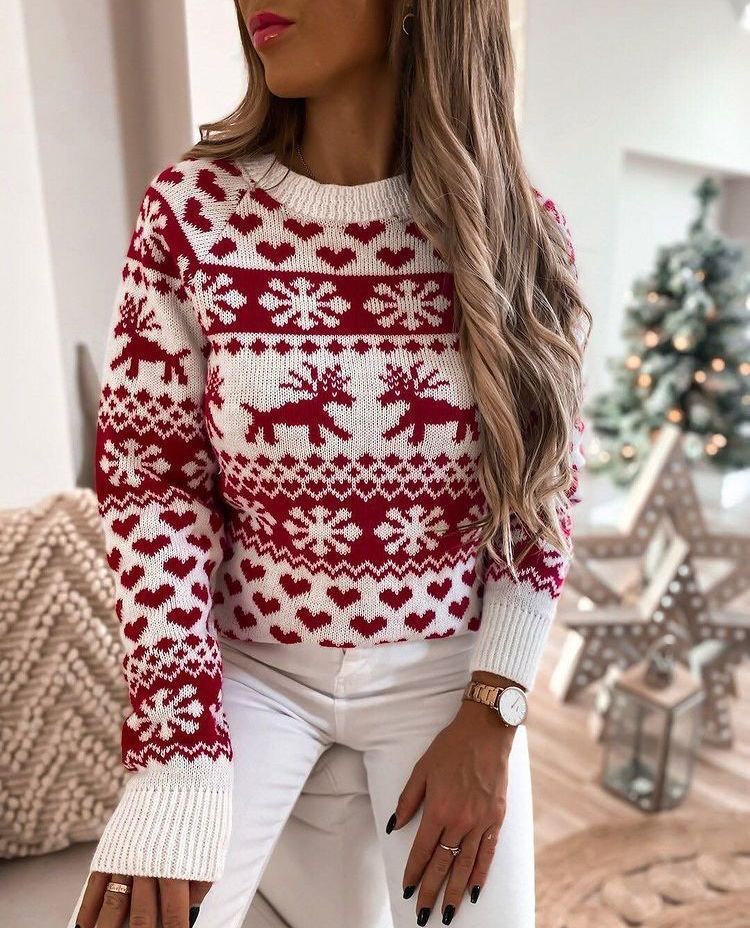 Women's new Christmas elk sweater long sleeve round neck knit sweater