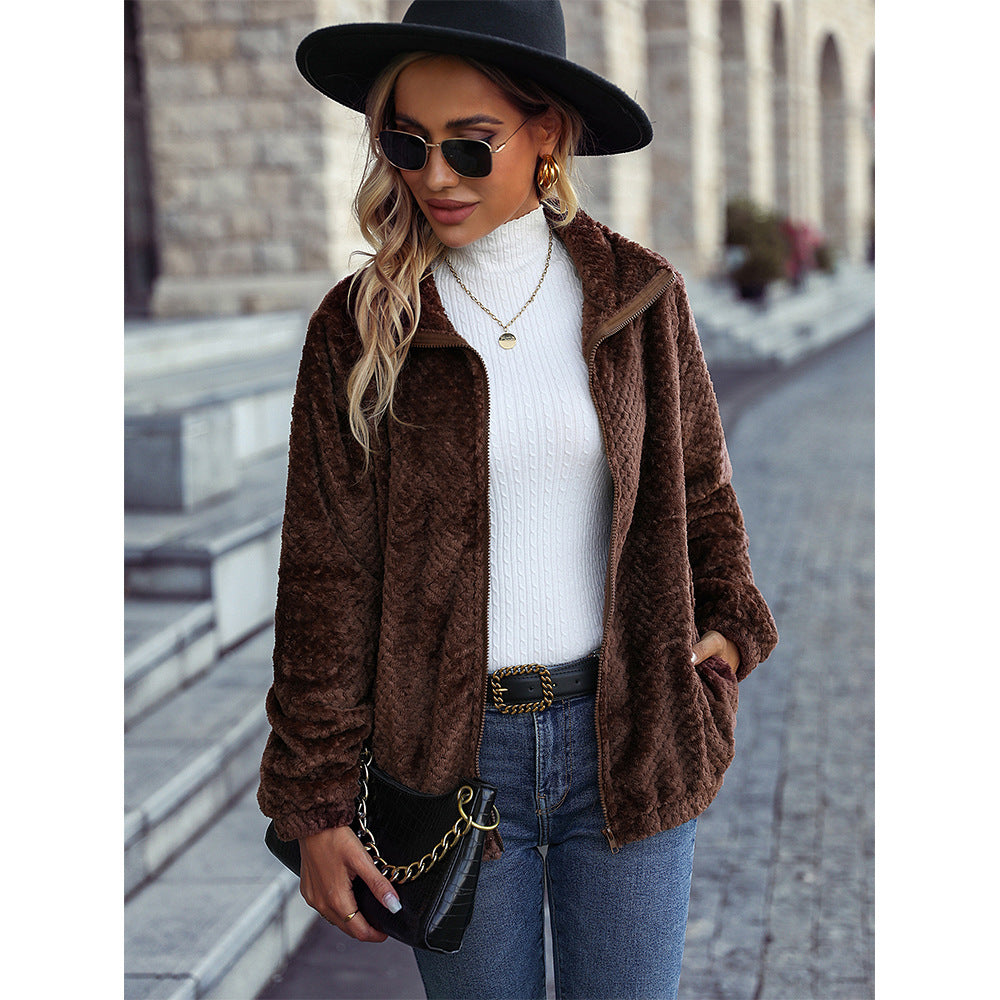 Autumn winter women's wear lapel long sleeve mercerized zipper mid-length Babe cashmere casual jacket