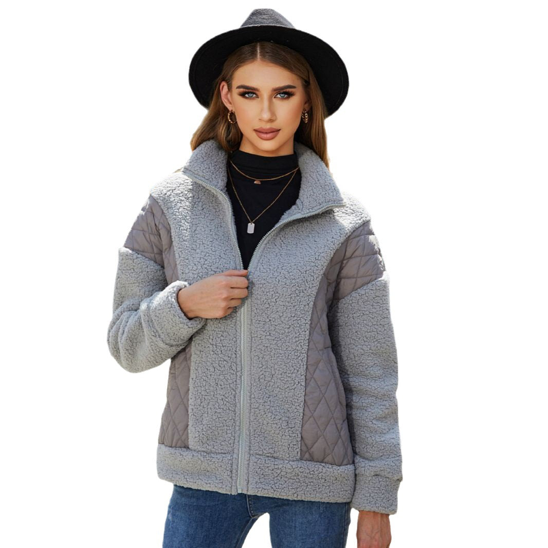 Women's autumn and winter long sleeve cardigan zipper plush stitching women's coat