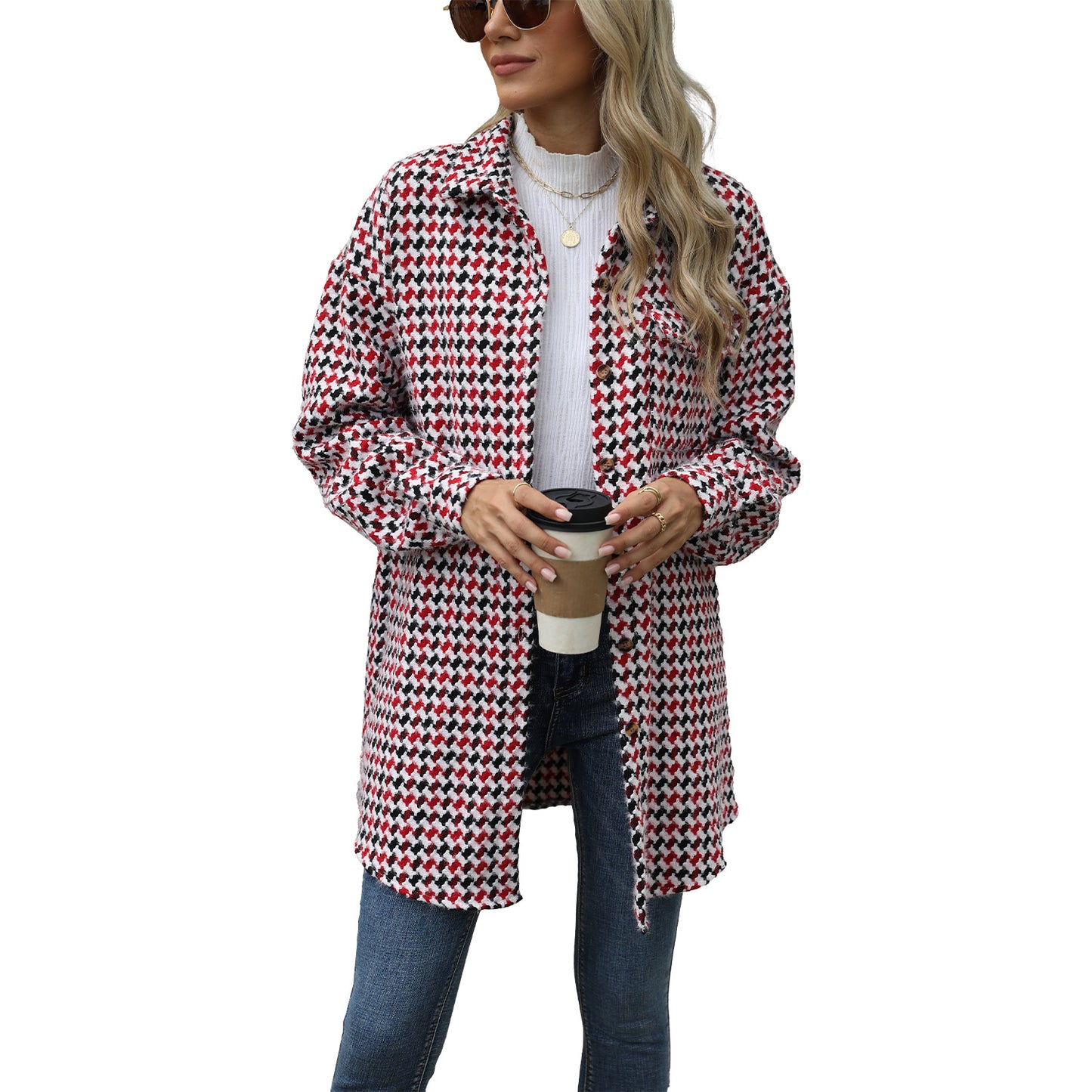 Autumn and Winter houndstooth polo collar top mid-length woolen coat for women