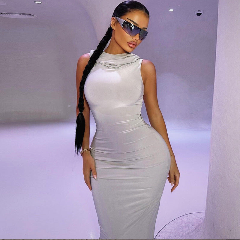 Hooded pure color tight dress long one-step hip skirt long sleeve pullover skirt for women