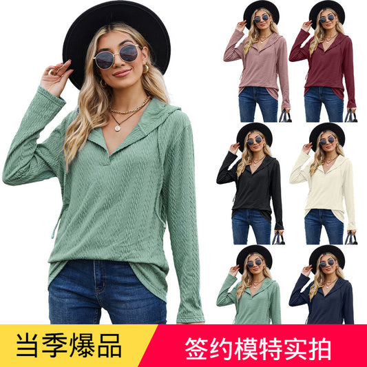 Autumn and Winter new solid color hooded loose long sleeves sweaters women's clothing