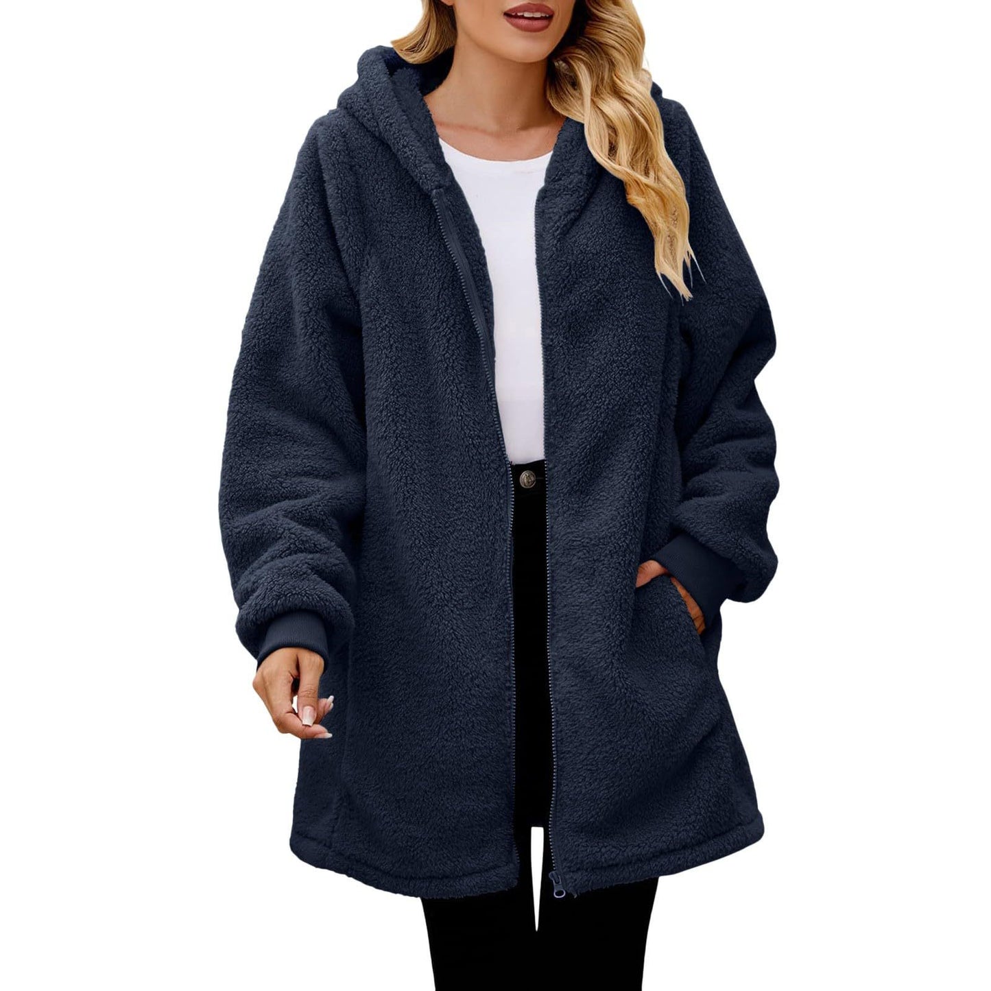 Winter loose plush women's long sleeve hooded zip cardigan coat