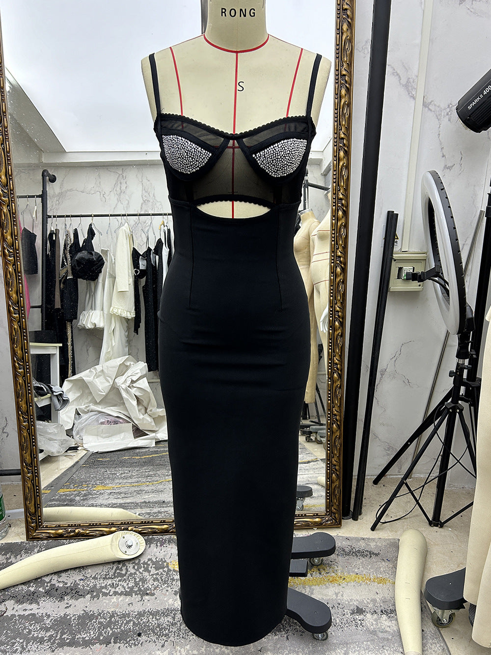 Slim Bandage Dress Sexy Sleeveless Diamond Hollow Women