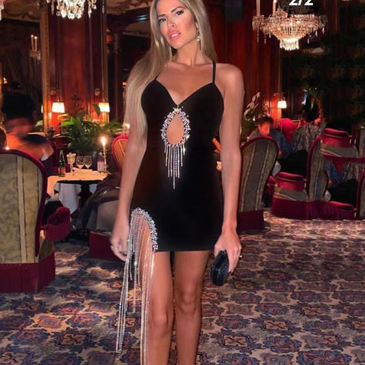 Bandage women's sexy hollow-out camisole tassel rhinestone waist dress evening dress