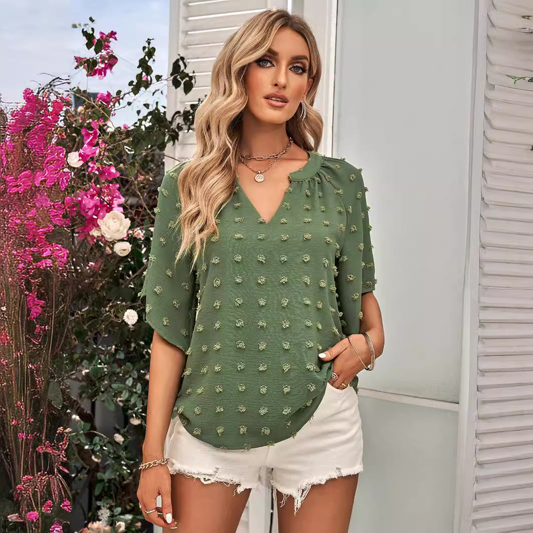 Women's casual style V-neck solid color hairball top women