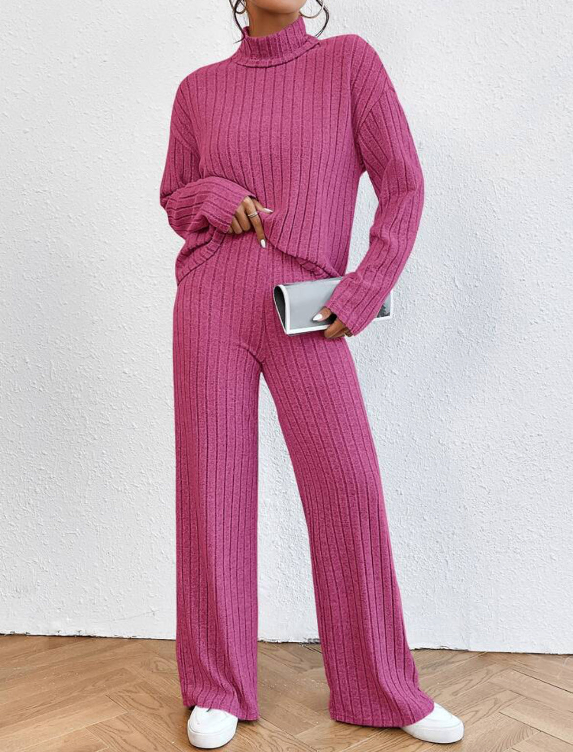 Autumn and Winter solid color turtleneck long sleeve sunken stripe loose wide leg pants home wear two-piece suit