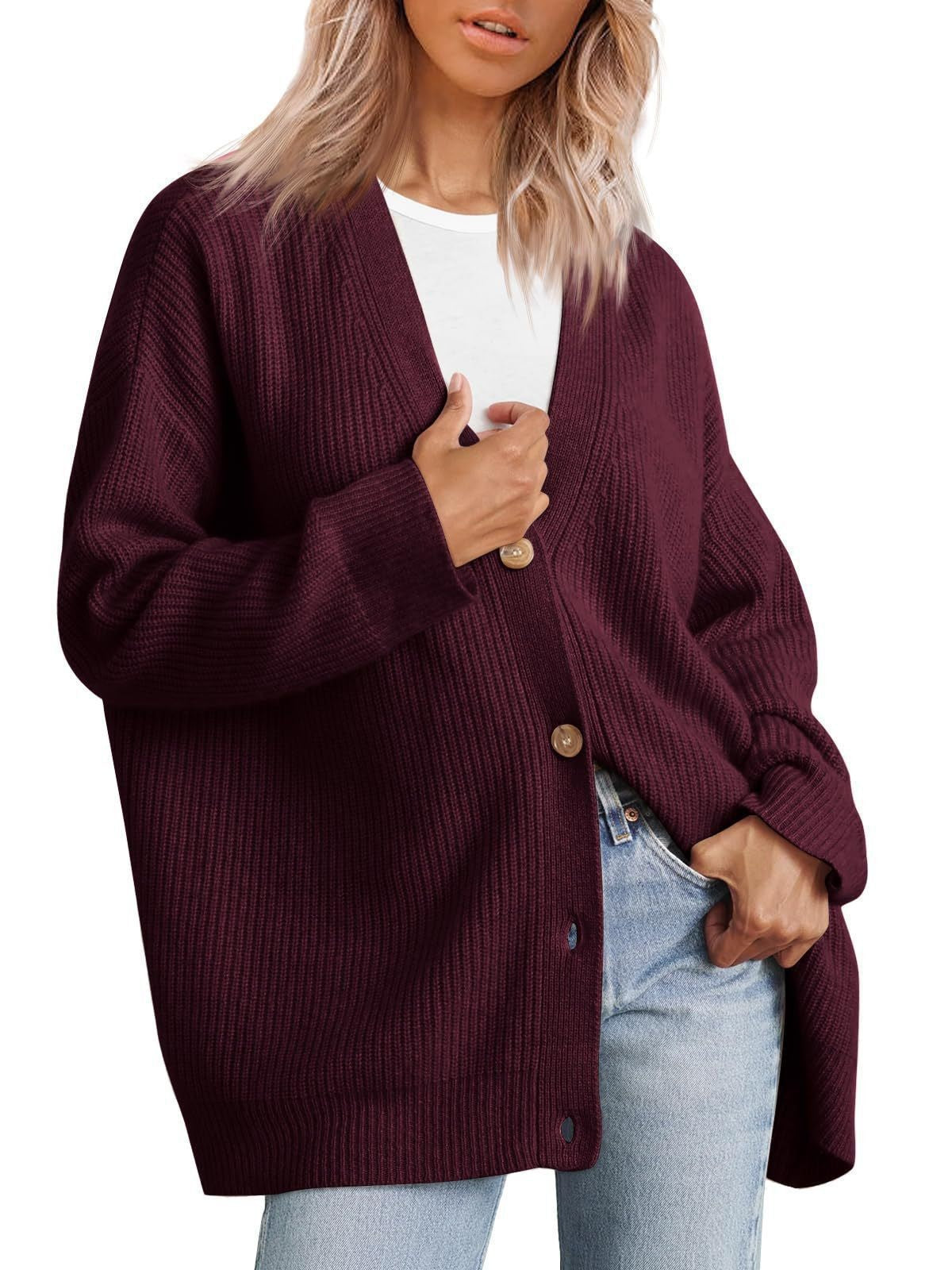 Simple knitting cardigan button V-neck solid color sweater for women