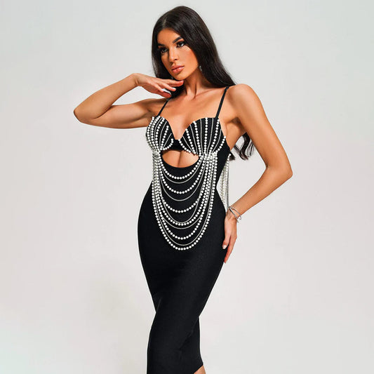 Sling Pearl Chain Stretch Slim Bandage Dress