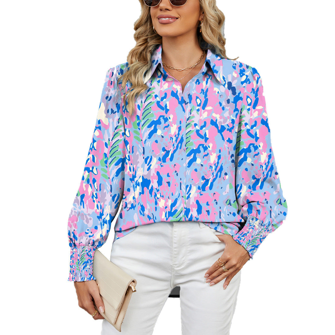 Women's autumn and winter new long-sleeved printed top lapel lantern sleeve shirt