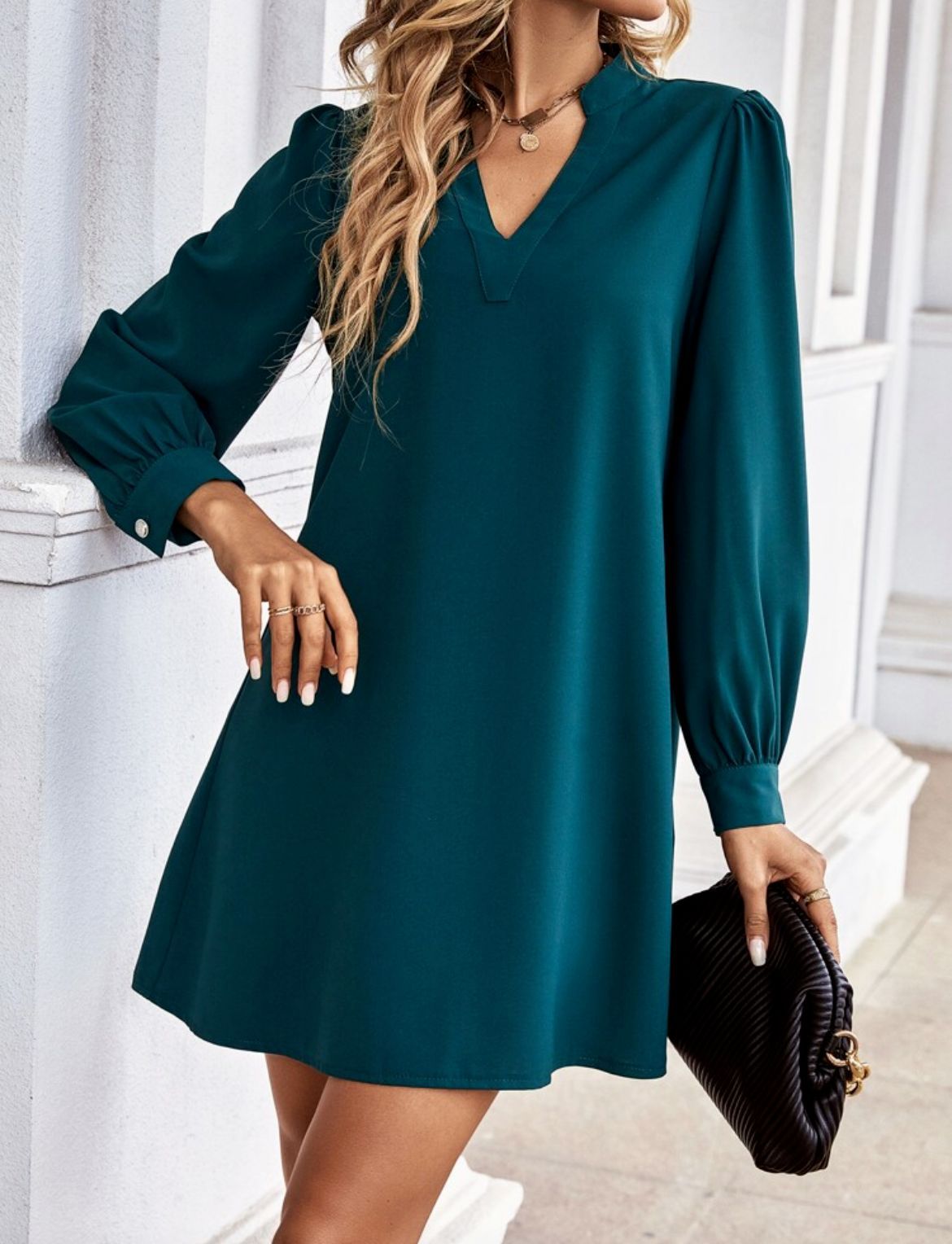 Solid color and V-neck loose long sleeve shirt dress