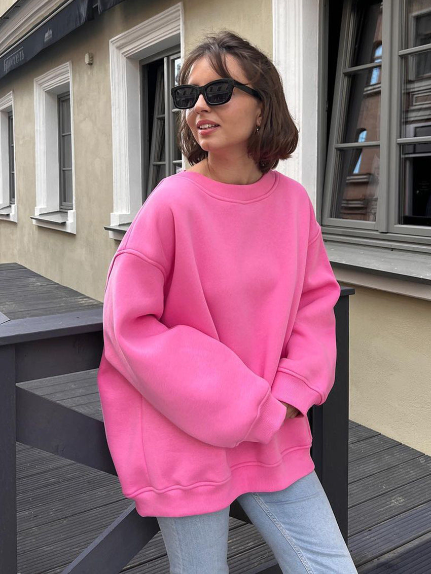 Round neck loose sweatshirt women's autumn winter Street solid color Oversize polar fleece pullover top