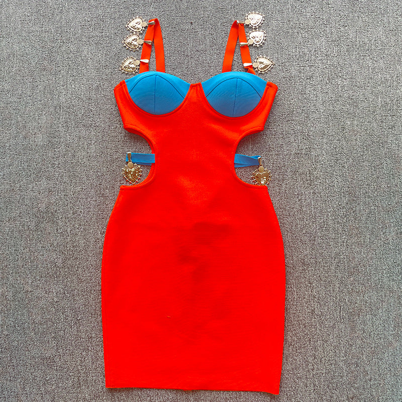 New French contrast color hot girl sexy cutout off-the-shoulder sling bandage one-piece dress