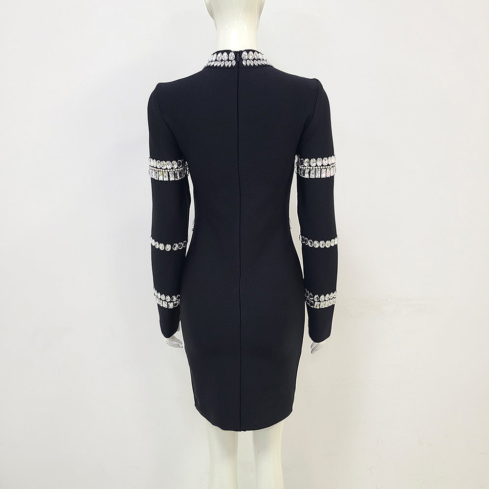 Black Long Sleeve Stand Collar Sewed Diamond Stretch Bandage Dress