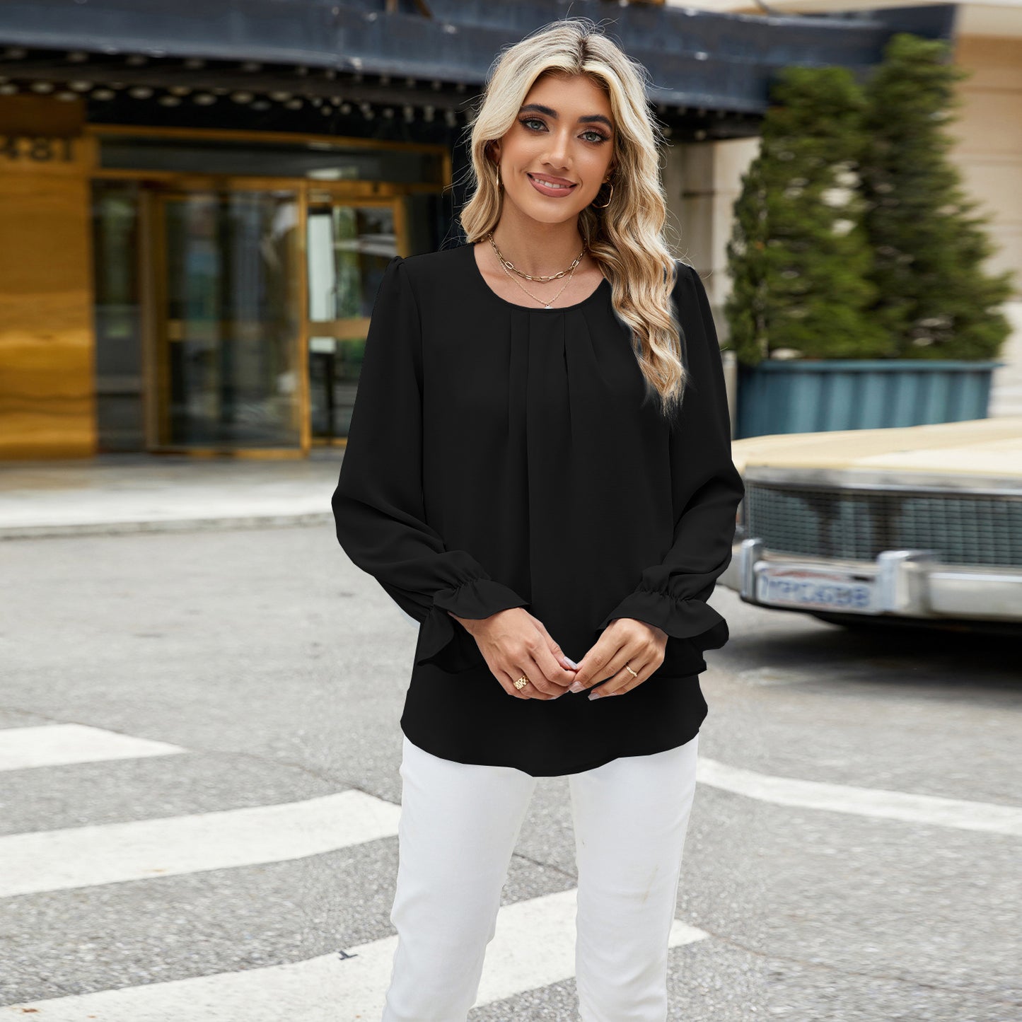 Autumn and Winter solid color round neck long sleeve loose chiffon blouse top for women