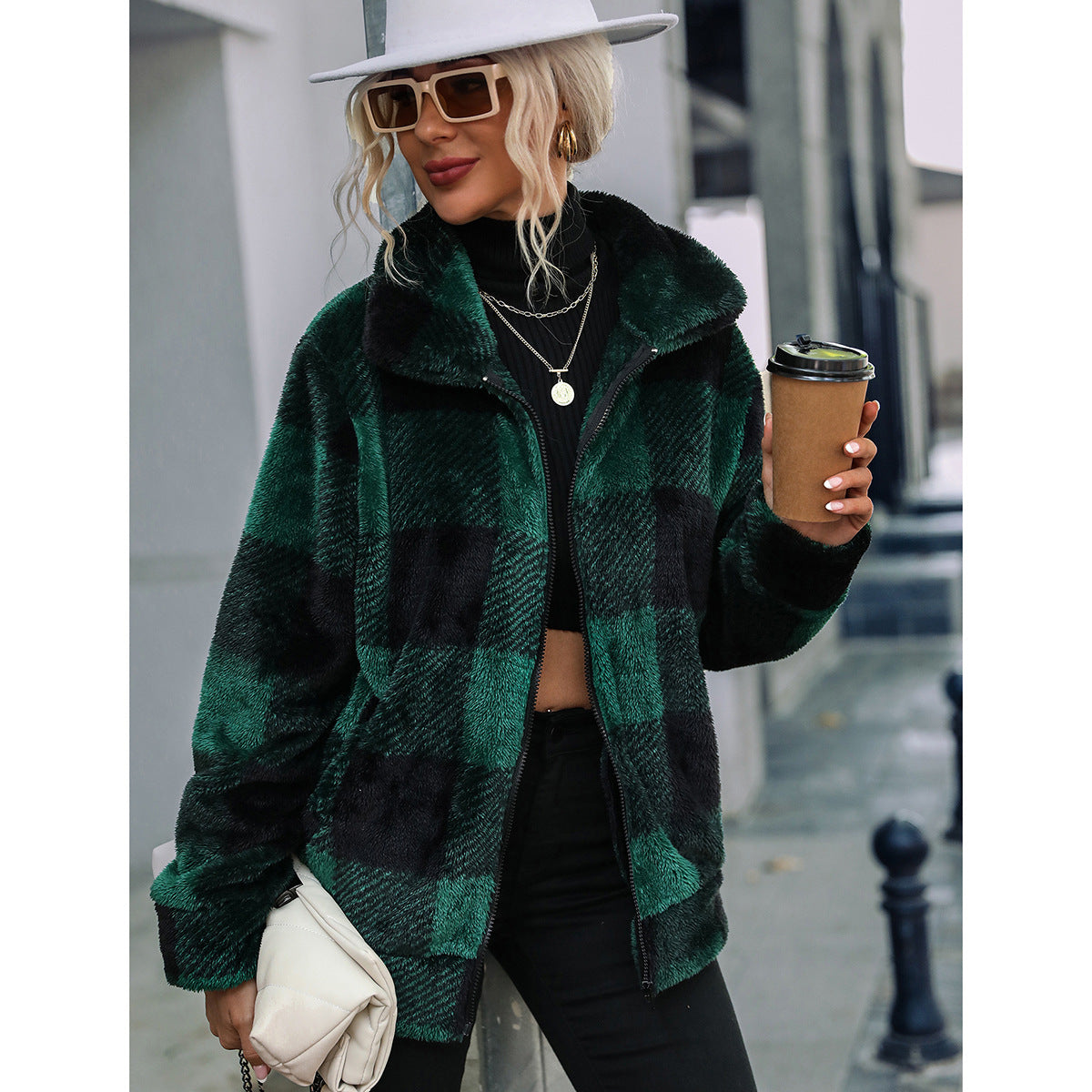 Women's autumn and winter clothing long sleeve stand collar plaid printed mid-length zipper double-sided plush coat