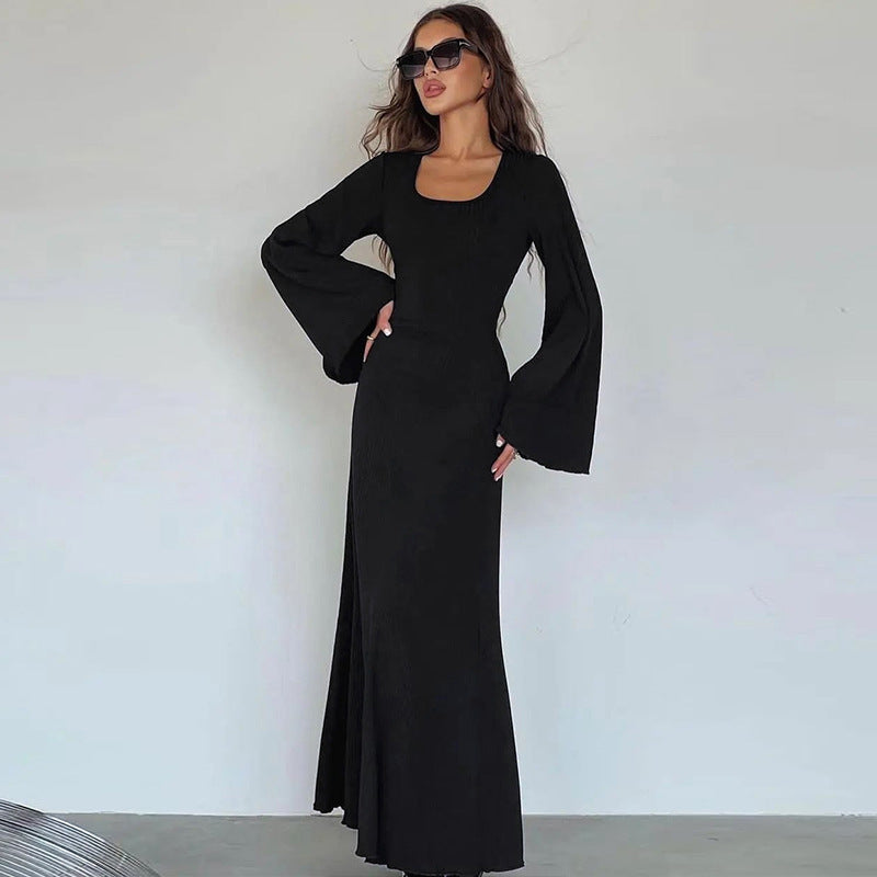 Women's autumn loose U-neck back lace-up long sleeve dress