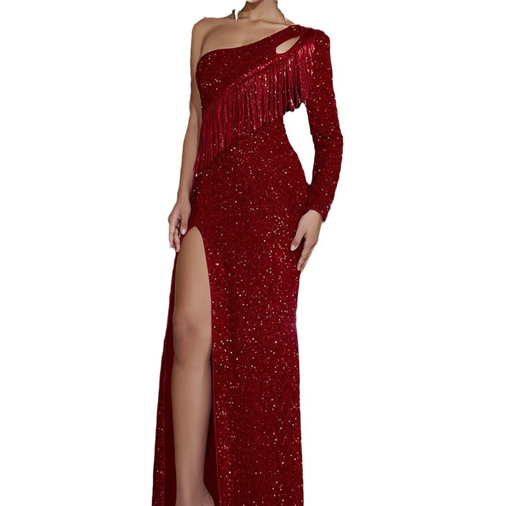 New dress women's sexy temperament sequined tassel sexy backless evening dress