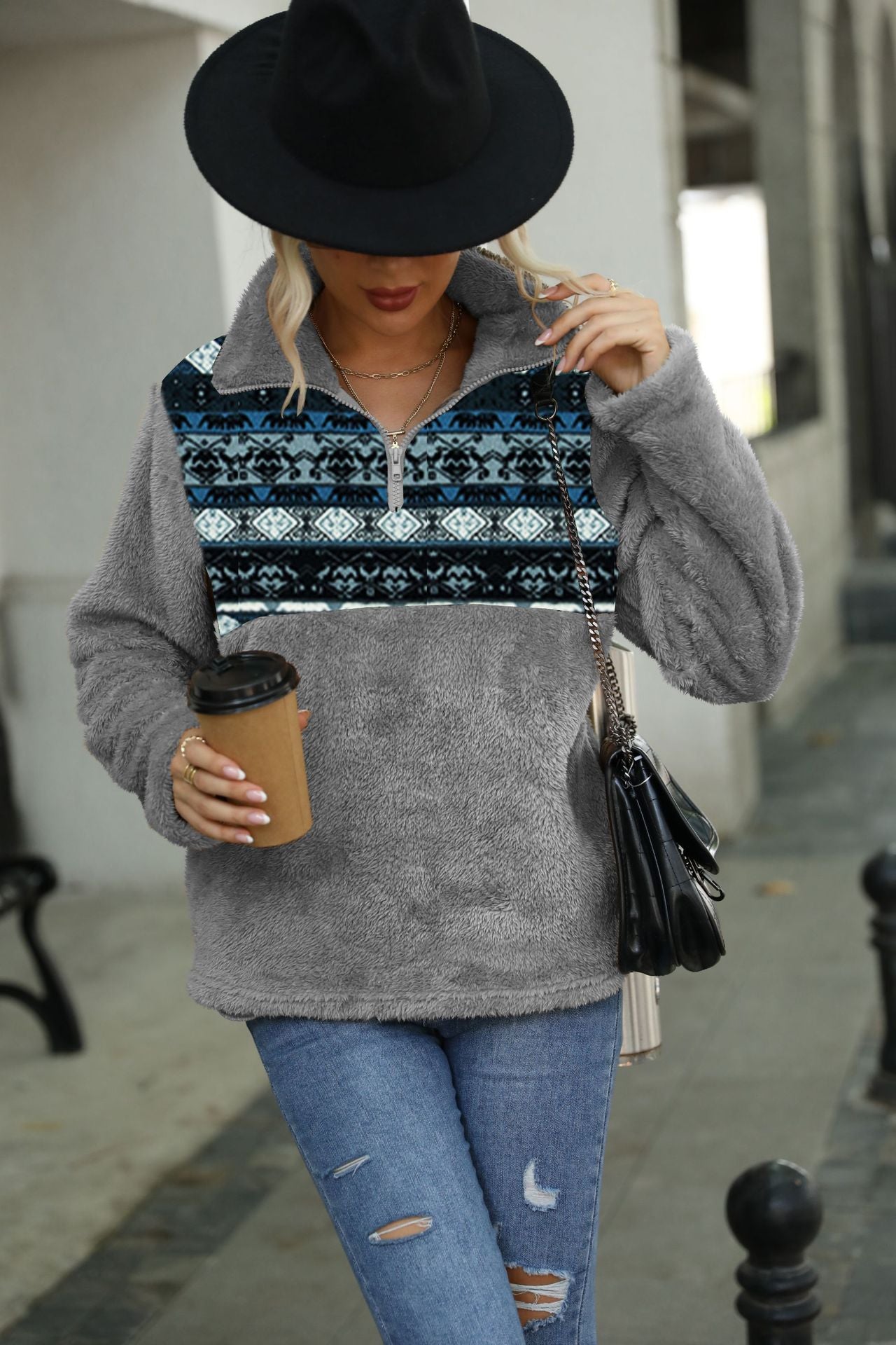 Plush printed half zipped stand collar long sleeve loose casual pullover