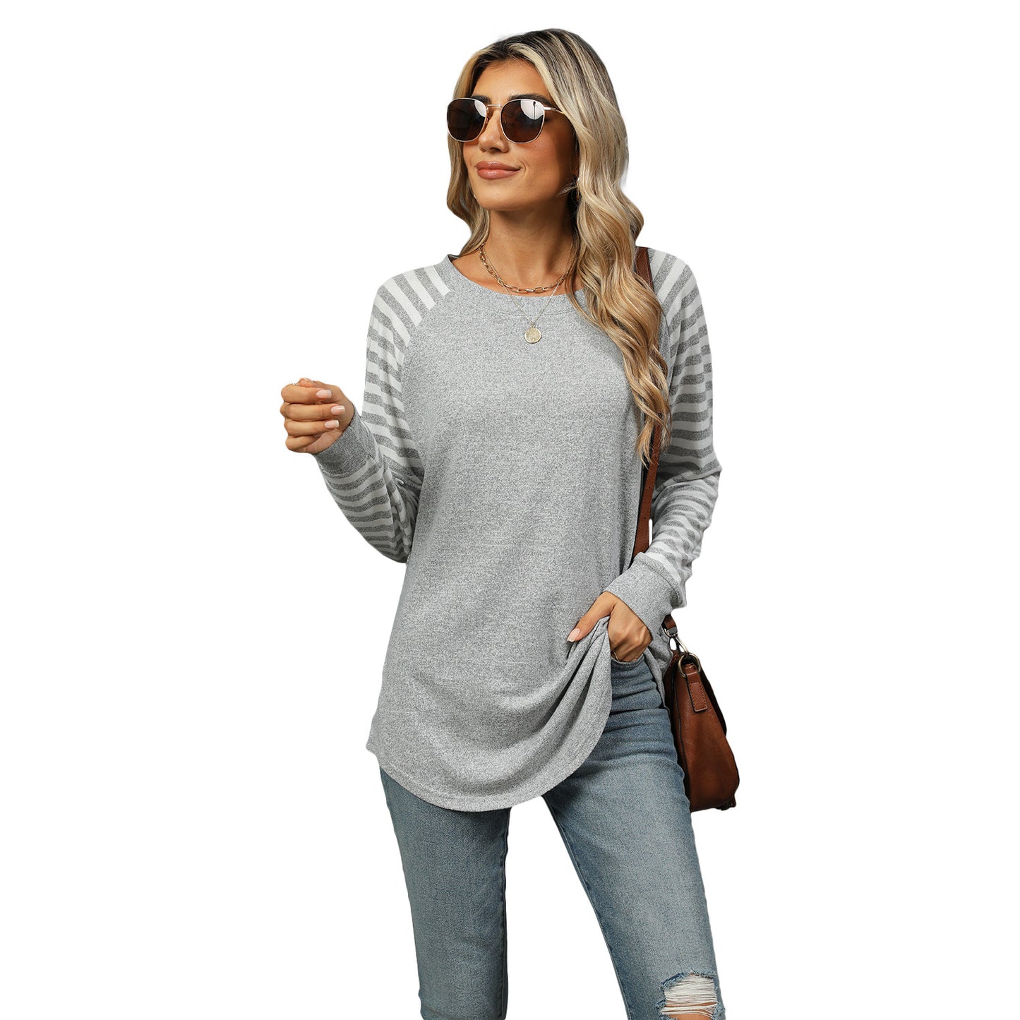 New contrast color striped patchwork round neck long-sleeved T-shirt dovetail top for women