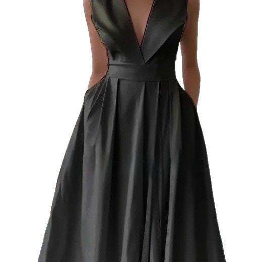 Summer sleeveless waist pocket pendulum medium and long solid color dress