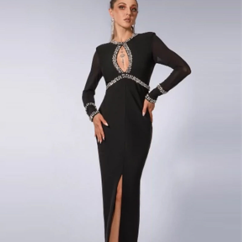 Autumn Winter Diamond Studded Hollow Waist Bandage Dress