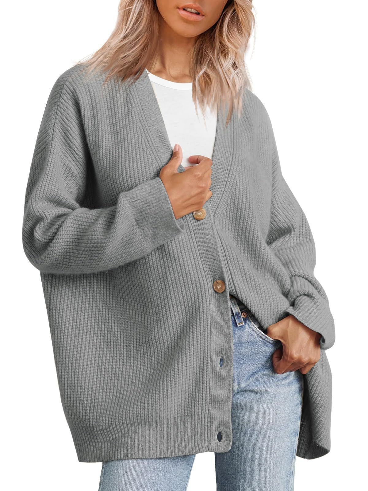 Simple knitting cardigan button V-neck solid color sweater for women