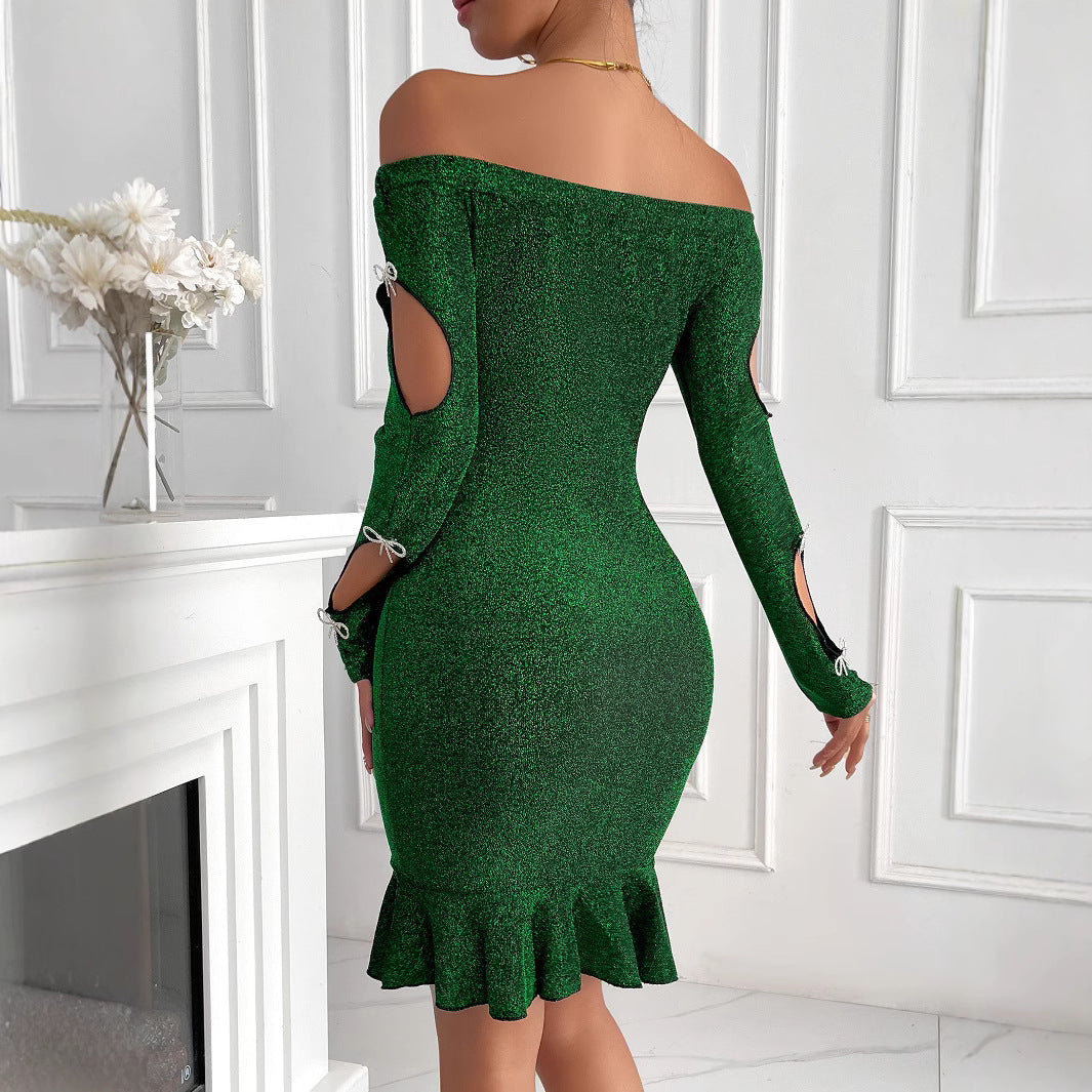 Women's new slim-fit hip skirt long sleeve off-shoulder sexy evening dress short skirt dress