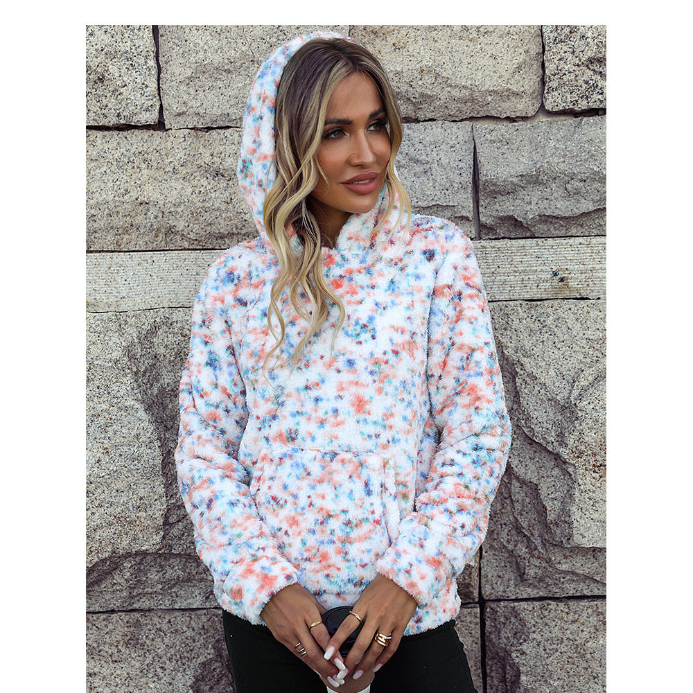 Autumn winter women's wear hooded long sleeve loose pullover snowflake polka dot casual plush sweater