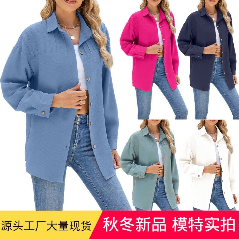 Women's autumn and winter New single-breasted loose long-sleeved solid color shirt top