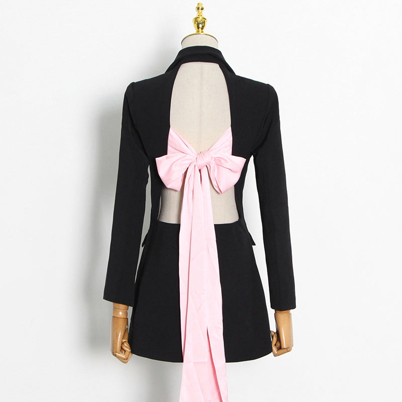 Black Suit 2024 Spring Two Buttons Sexy Stitching Bow Strap Personalized Women'S Fashion Coat