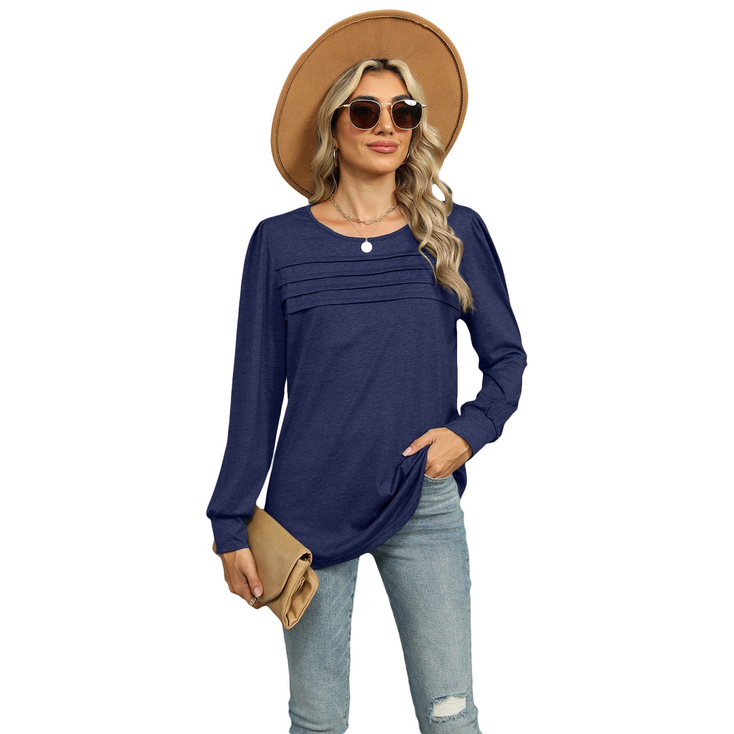 Women's autumn and winter solid color U-neck pleated long-sleeved T-shirt top