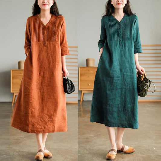 New literary and loose splicing solid color cotton and linen V-neck five-quarter sleeve dress women's medium and long