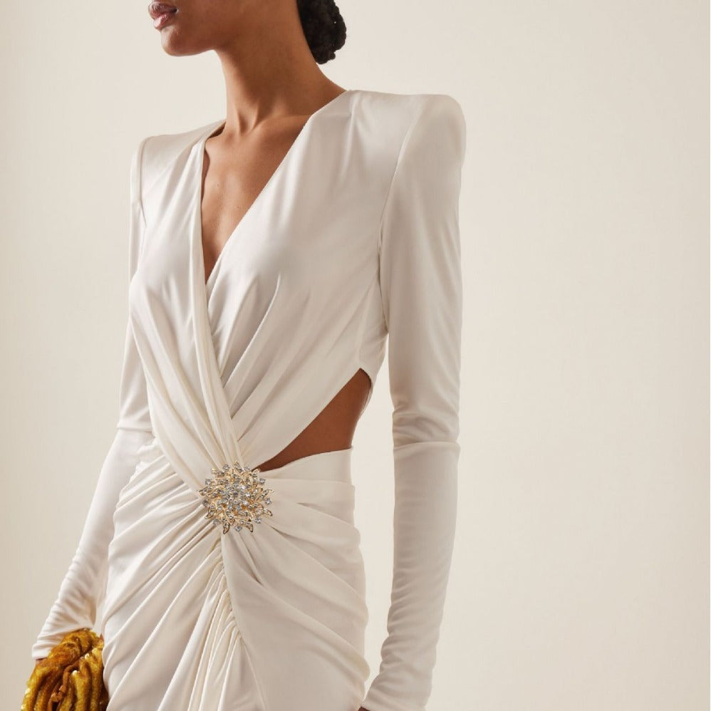 Pleating hollow out cross dress V-neck long sleeve white dress