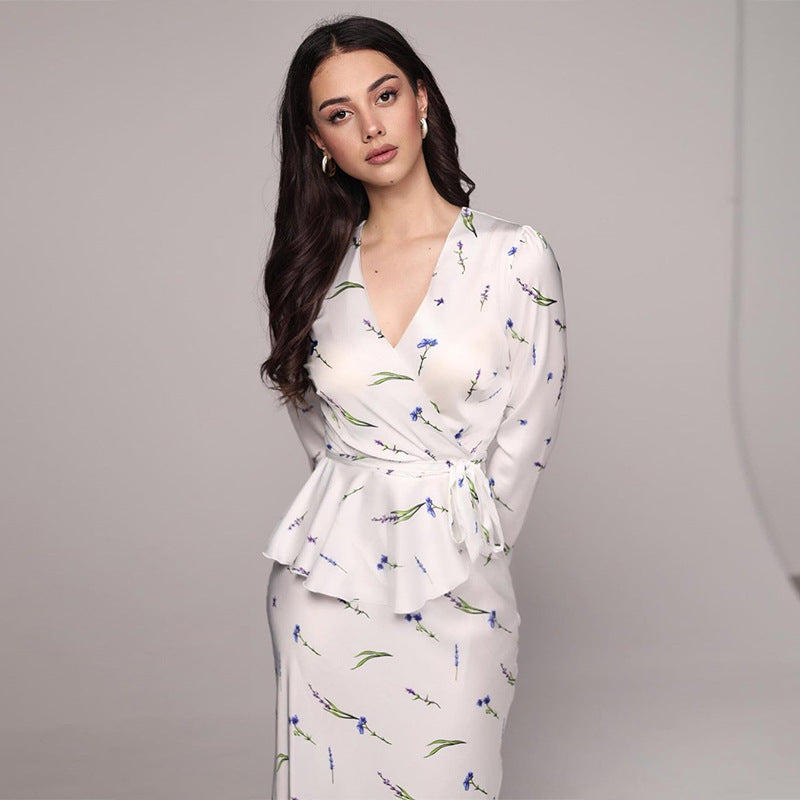 Spring new V-neck small fresh printing high waist long dress hip-wrapped dress