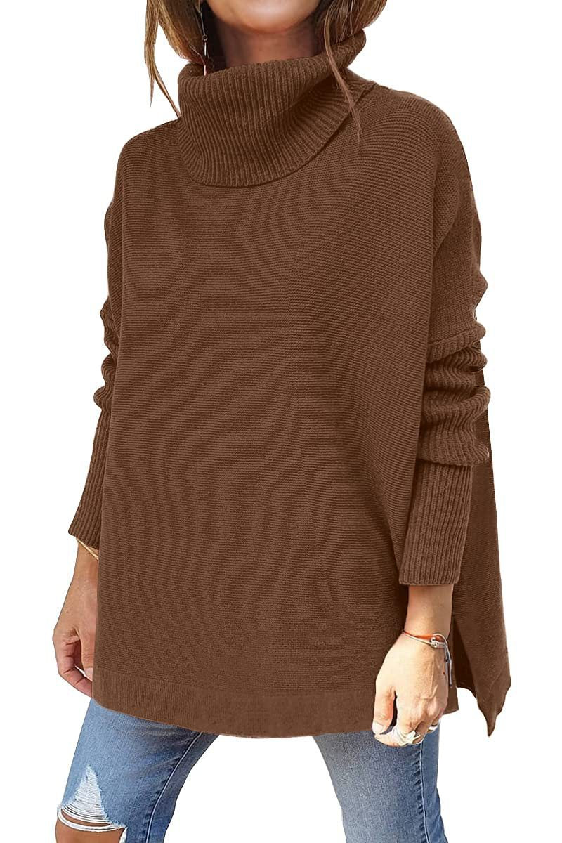 Turtleneck sweater mid-length batwing sleeve hem waist pullover sweater needle woven women