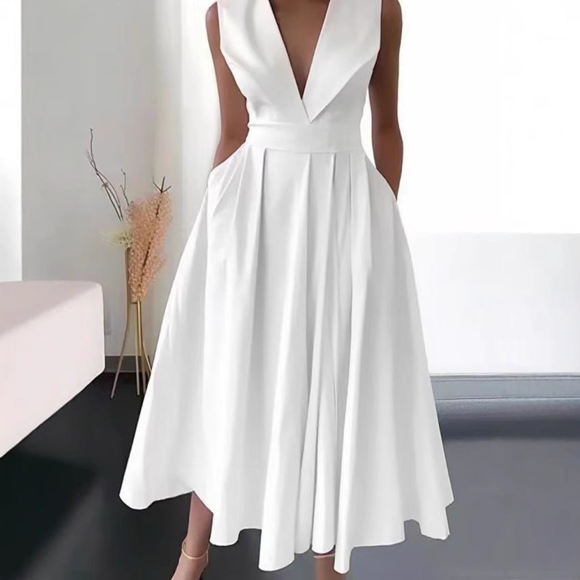Summer sleeveless waist pocket pendulum medium and long solid color dress