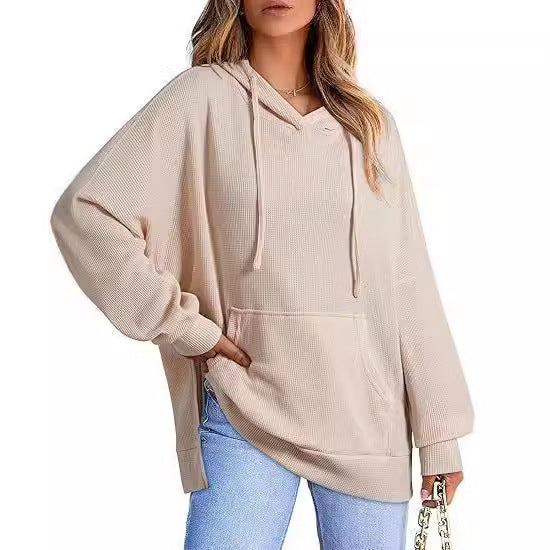 Women's hoodie waffle knitted side slit pullover sweater with pocket long sleeve