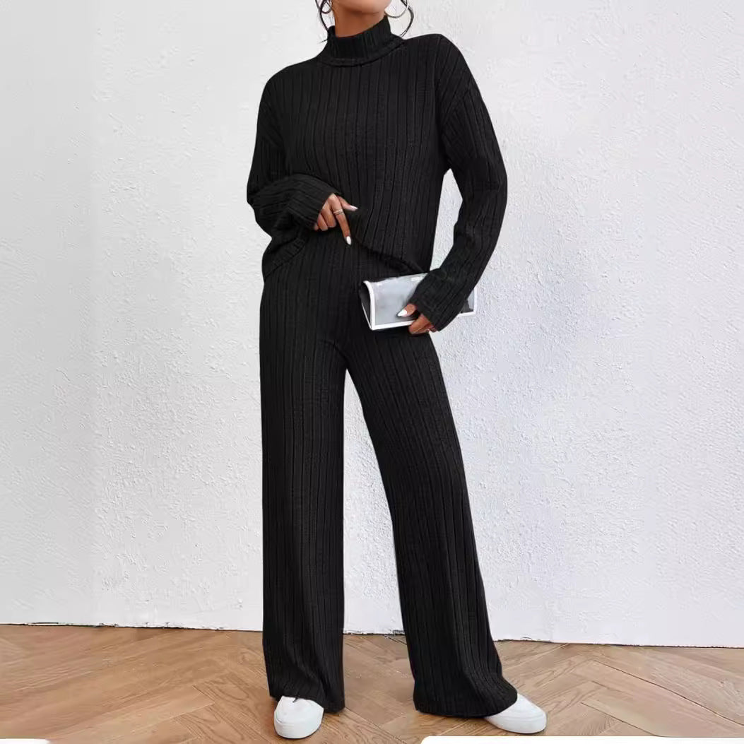 Autumn and Winter solid color turtleneck long sleeve sunken stripe loose wide leg pants home wear two-piece suit